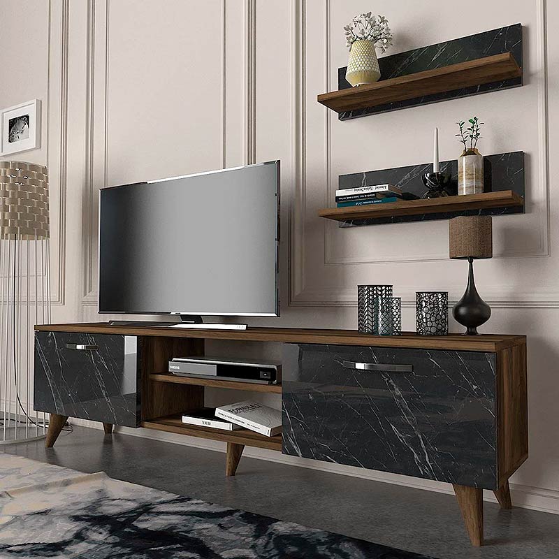 ANGELO TV Stand in walnut color with black marble effect, featuring two wall shelves and modern design.