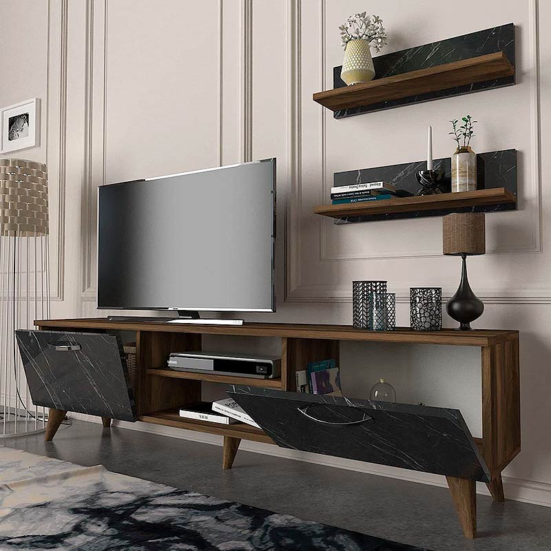 ANGELO TV Stand in walnut color with black marble effect, featuring two wall shelves and modern design.