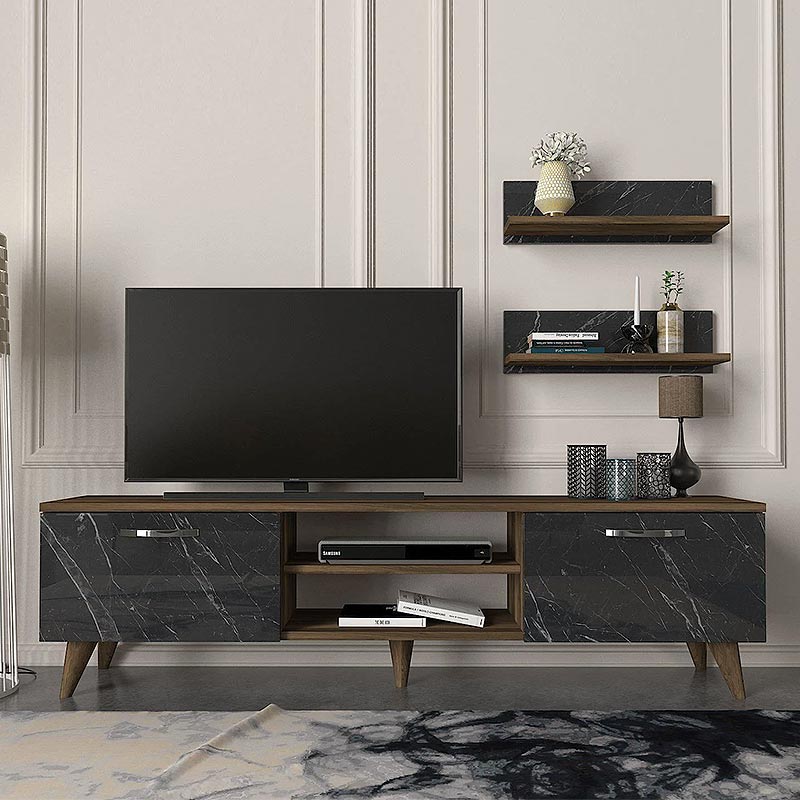 ANGELO TV Stand in walnut color with black marble effect, featuring two wall shelves and modern design.