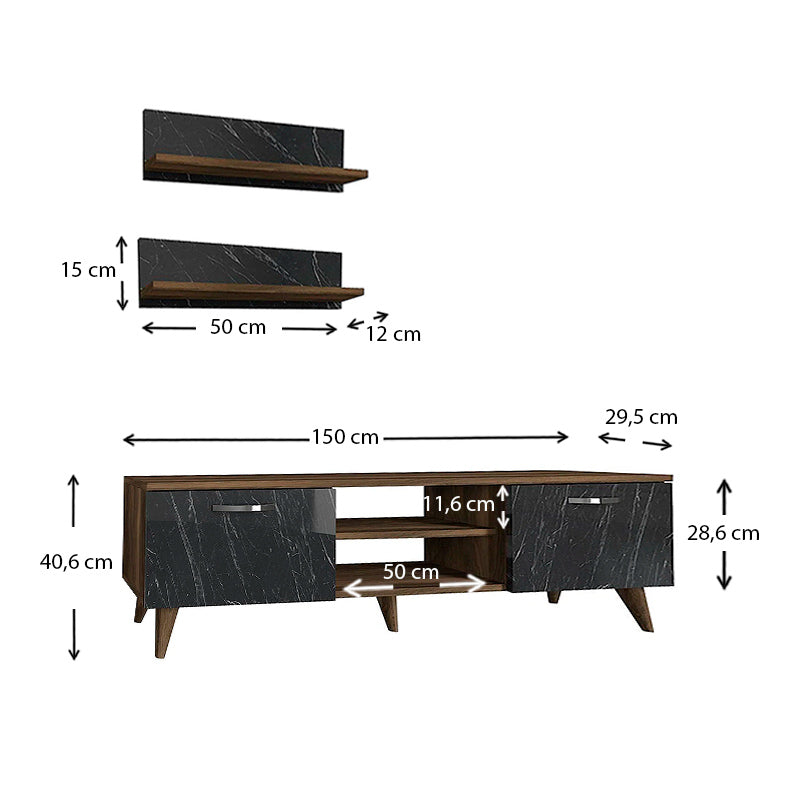 ANGELO TV Stand in walnut color with black marble effect, featuring two wall shelves and modern design.