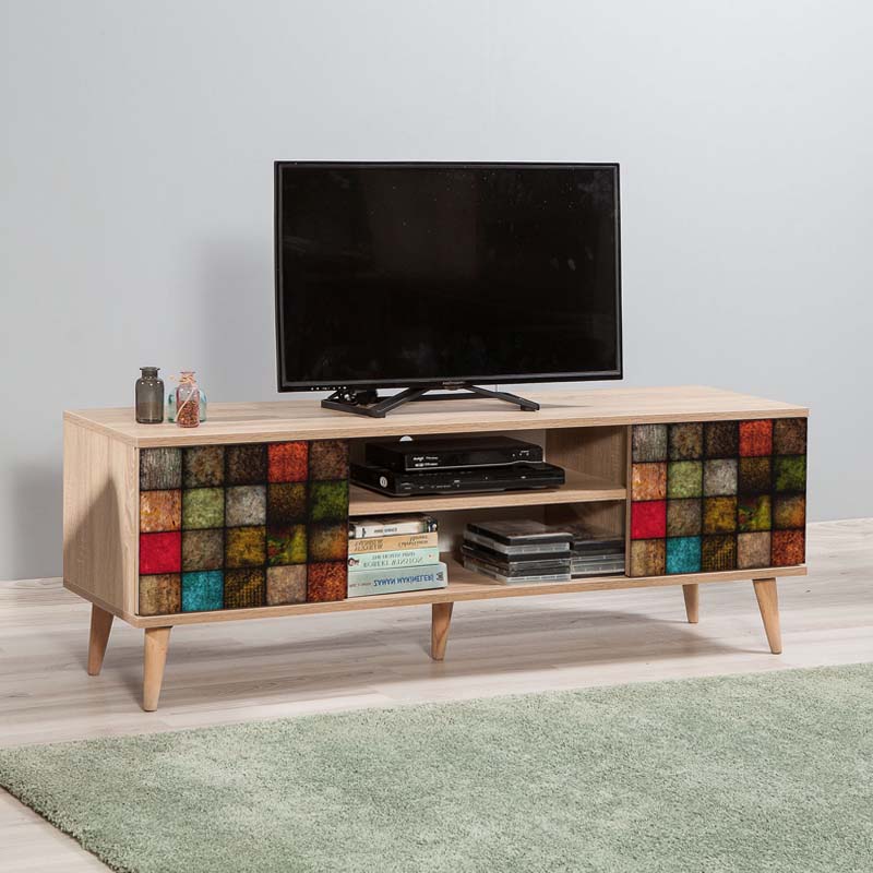 TV Stand ANKARA Natur Multi featuring multicolor design and wooden legs, perfect for modern interiors.