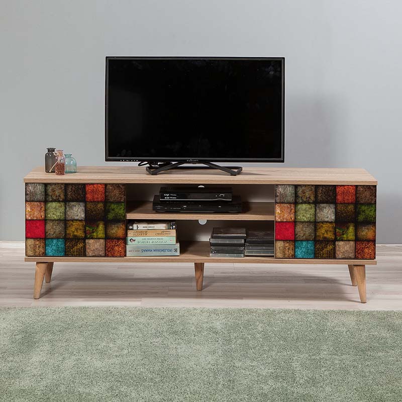 TV Stand ANKARA Natur Multi featuring multicolor design and wooden legs, perfect for modern interiors.