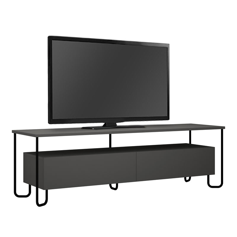 AORA TV Stand in anthracite color, featuring a sleek design with metal legs and melamine surface, measuring 150x42x45 cm.