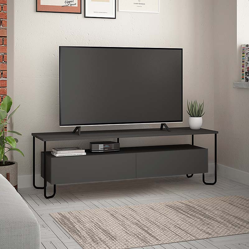 AORA TV Stand in anthracite color, featuring a sleek design with metal legs and melamine surface, measuring 150x42x45 cm.