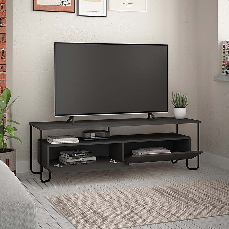 AORA TV Stand in anthracite color, featuring a sleek design with metal legs and melamine surface, measuring 150x42x45 cm.