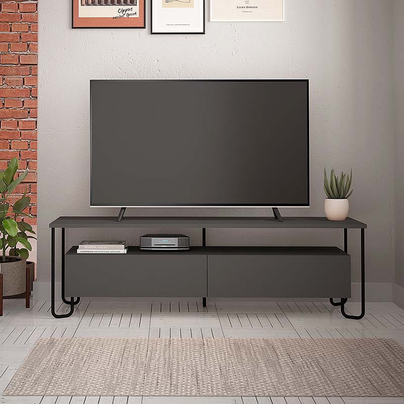 AORA TV Stand in anthracite color, featuring a sleek design with metal legs and melamine surface, measuring 150x42x45 cm.