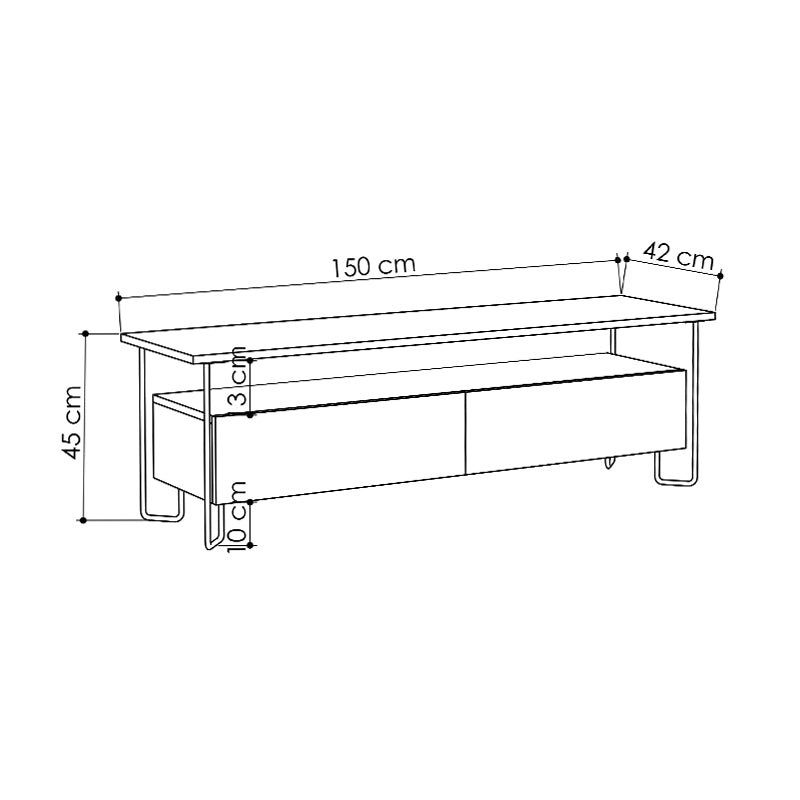 AORA TV Stand in anthracite color, featuring a sleek design with metal legs and melamine surface, measuring 150x42x45 cm.