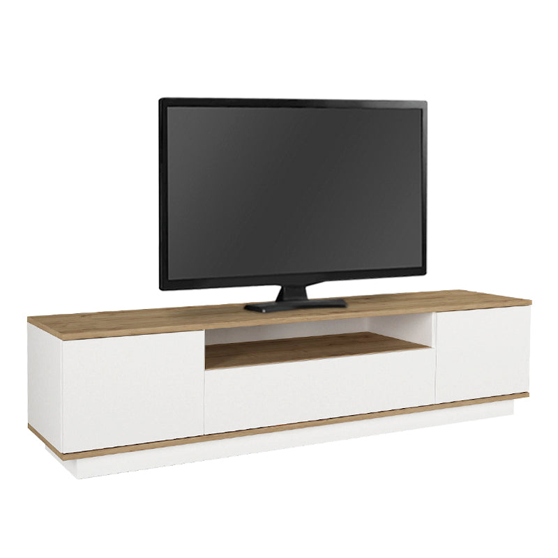 TV Stand ARNIE in white and sapphire oak, showcasing its sleek design and spacious surface for media devices.