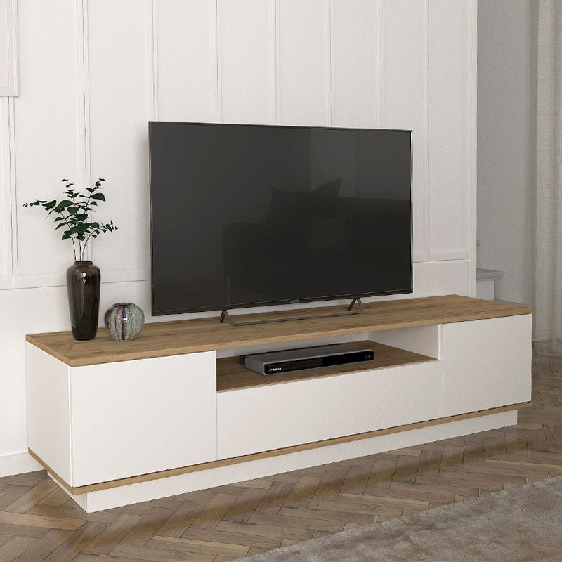 TV Stand ARNIE in white and sapphire oak, showcasing its sleek design and spacious surface for media devices.