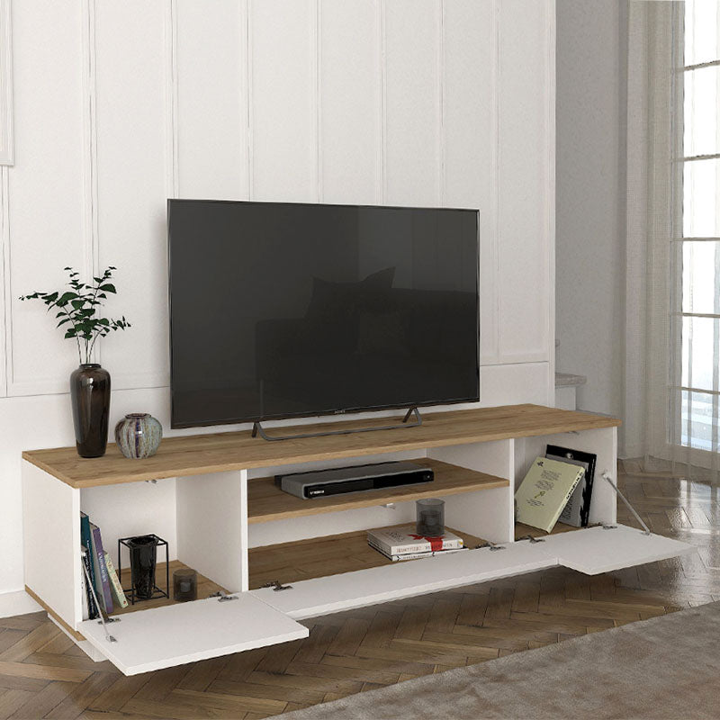 TV Stand ARNIE in white and sapphire oak, showcasing its sleek design and spacious surface for media devices.