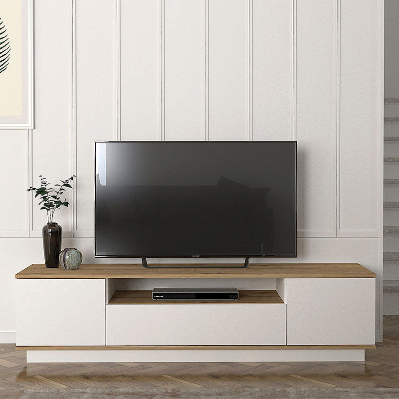 TV Stand ARNIE in white and sapphire oak, showcasing its sleek design and spacious surface for media devices.