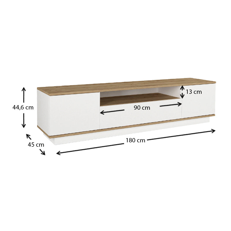 TV Stand ARNIE in white and sapphire oak, showcasing its sleek design and spacious surface for media devices.