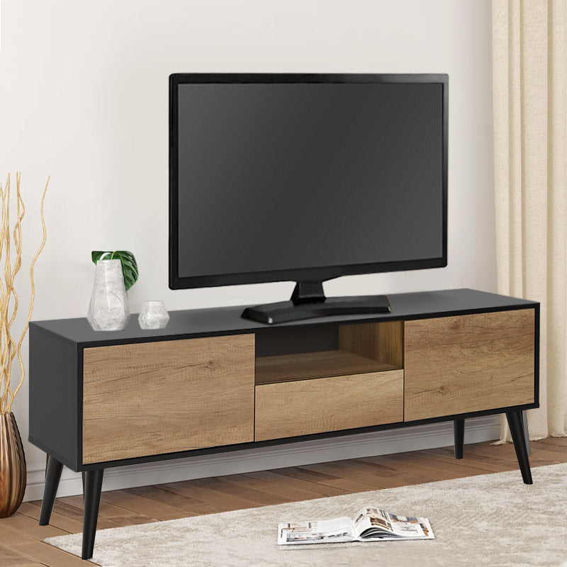 TV Stand ATHENA in black and natural finish, featuring two cupboards and one drawer, designed for modern living spaces.