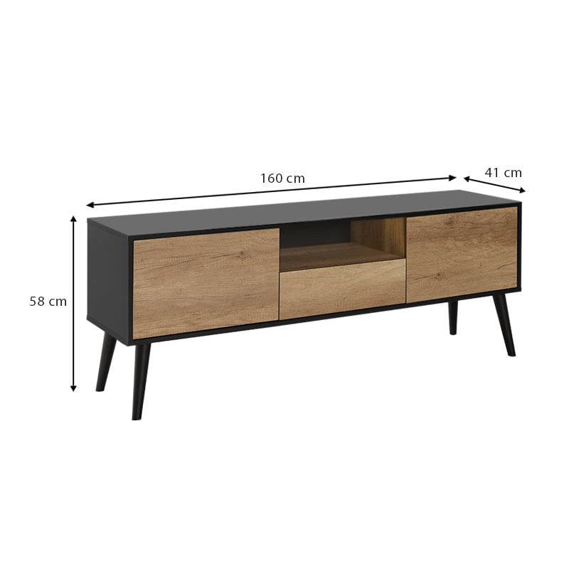 TV Stand ATHENA in black and natural finish, featuring two cupboards and one drawer, designed for modern living spaces.