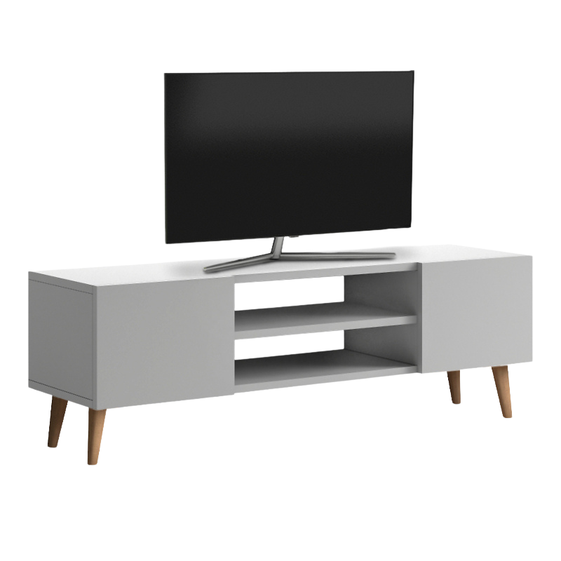 White TV Stand ATLAS with two cupboards and shelves, featuring solid beech wood legs.