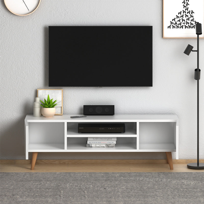 White TV Stand ATLAS with two cupboards and shelves, featuring solid beech wood legs.