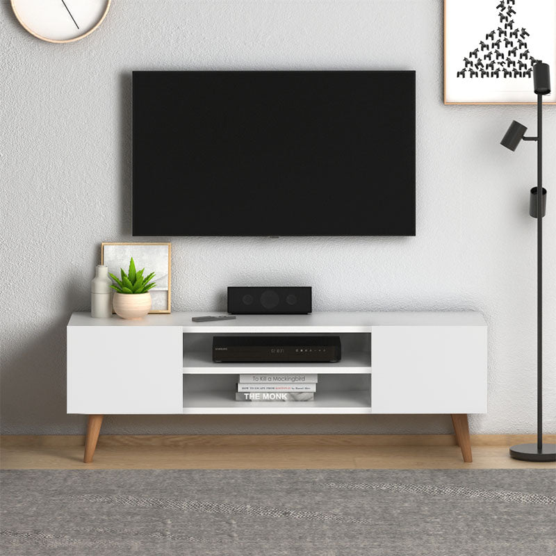 White TV Stand ATLAS with two cupboards and shelves, featuring solid beech wood legs.