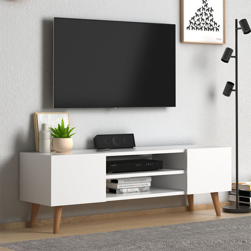 White TV Stand ATLAS with two cupboards and shelves, featuring solid beech wood legs.