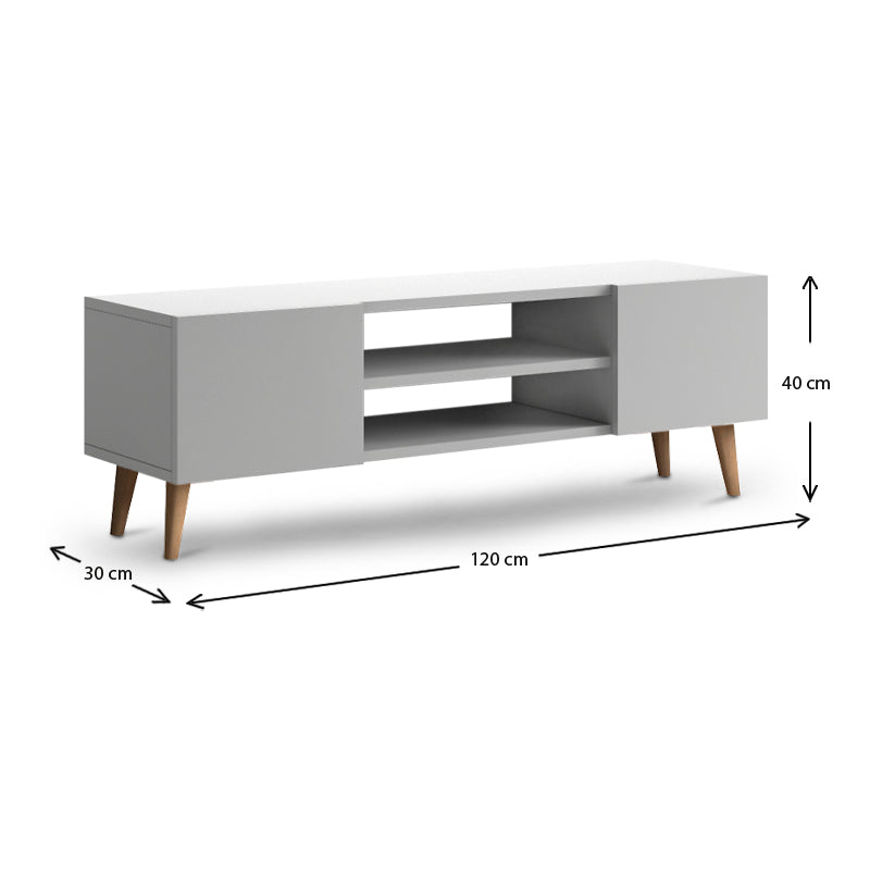 White TV Stand ATLAS with two cupboards and shelves, featuring solid beech wood legs.