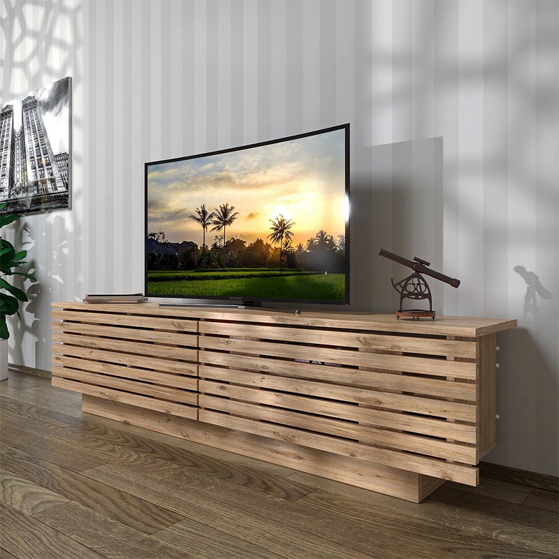 BJORN TV Stand in natural beech, showcasing its sleek design and spacious storage.