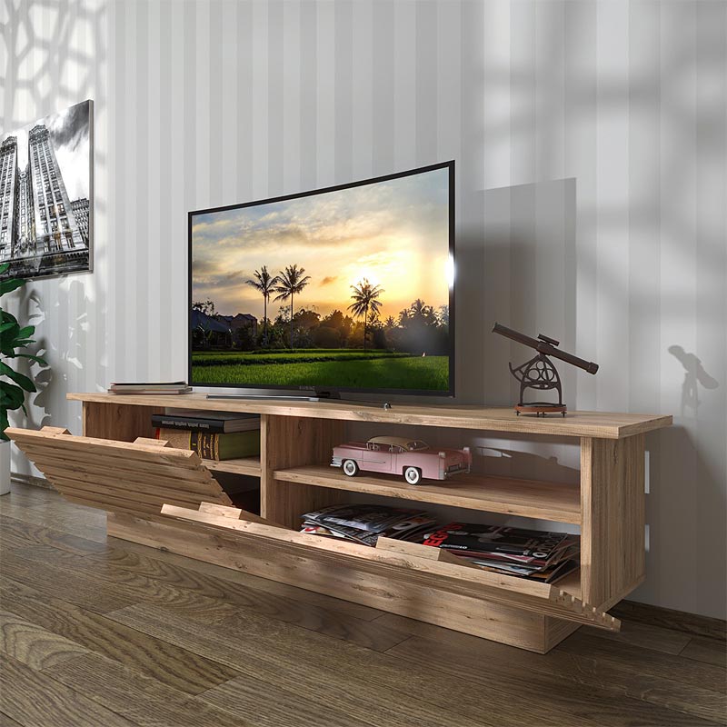 BJORN TV Stand in natural beech, showcasing its sleek design and spacious storage.