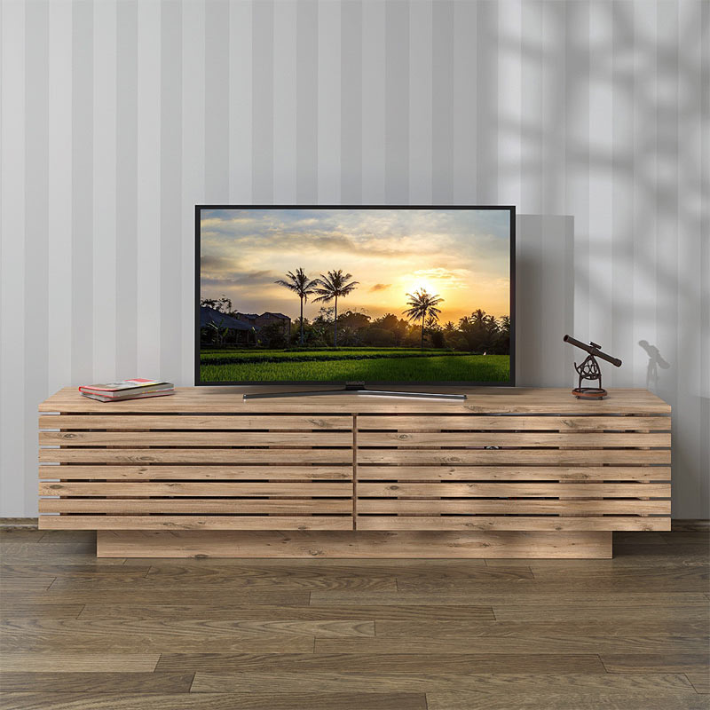 BJORN TV Stand in natural beech, showcasing its sleek design and spacious storage.