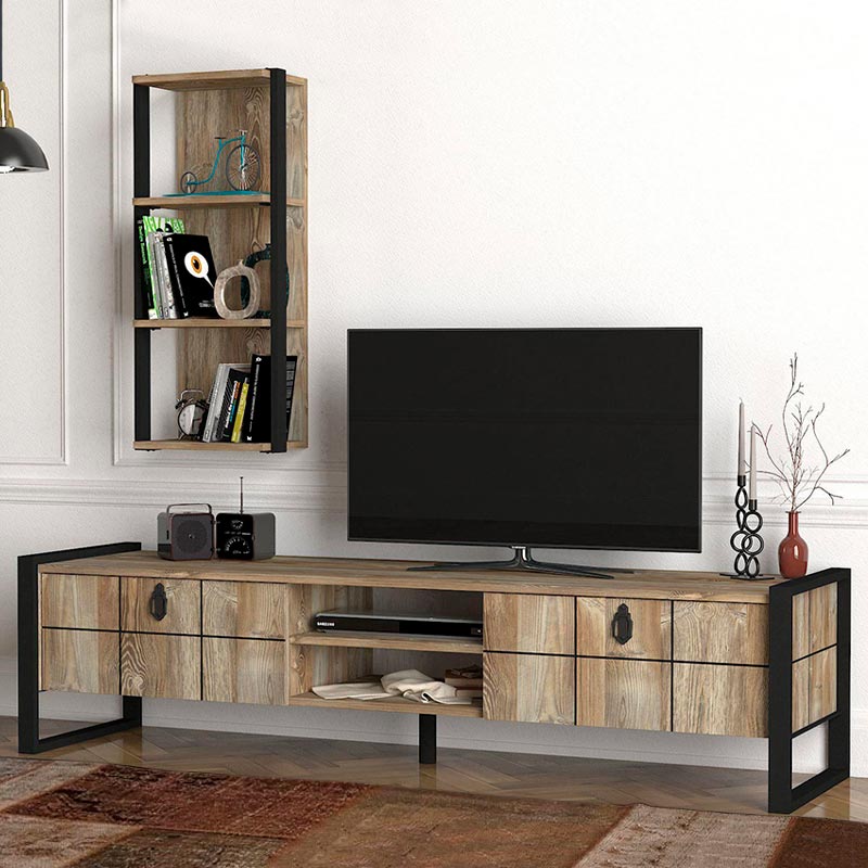 TV Stand BONO in vintage black melamine with two cabinets and two shelves, showcasing a modern design suitable for living rooms.