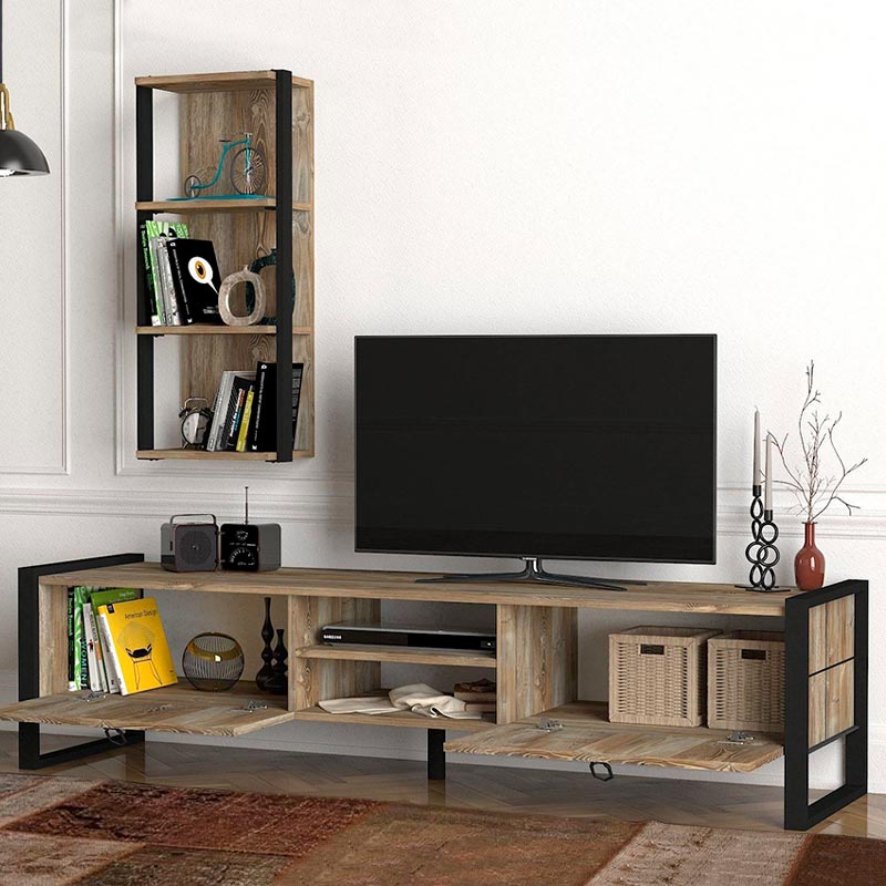 TV Stand BONO in vintage black melamine with two cabinets and two shelves, showcasing a modern design suitable for living rooms.