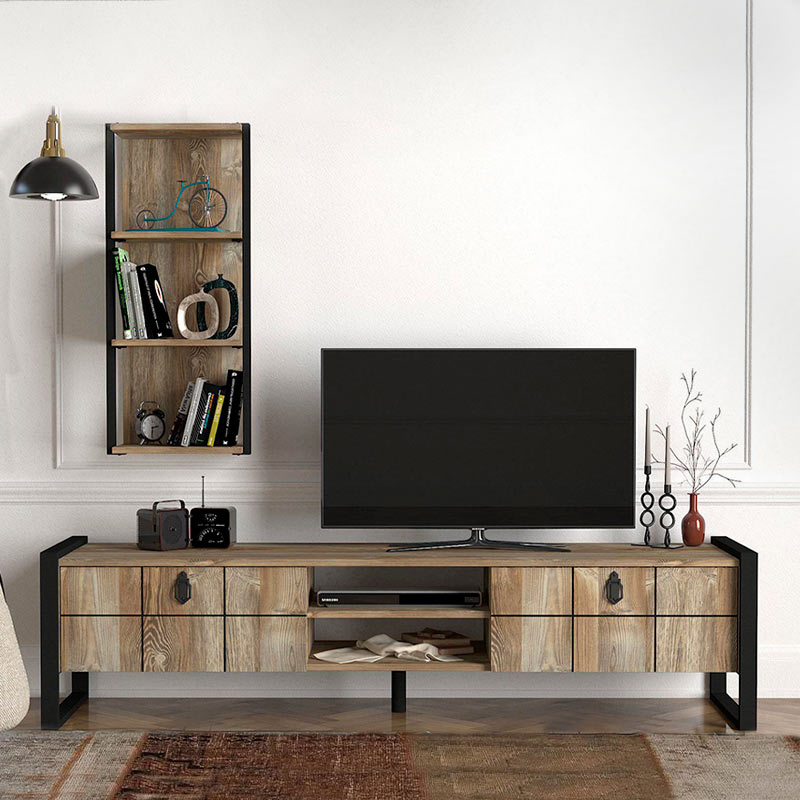 TV Stand BONO in vintage black melamine with two cabinets and two shelves, showcasing a modern design suitable for living rooms.