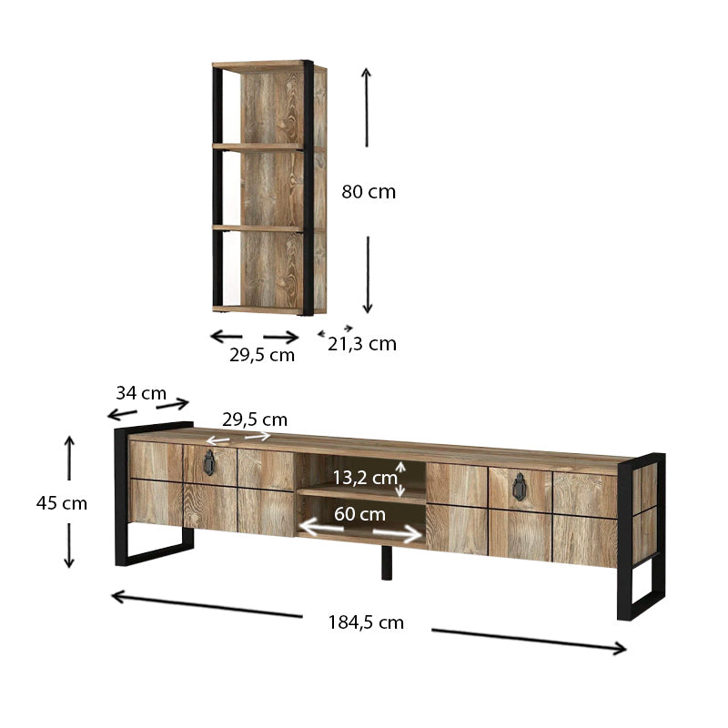 TV Stand BONO in vintage black melamine with two cabinets and two shelves, showcasing a modern design suitable for living rooms.