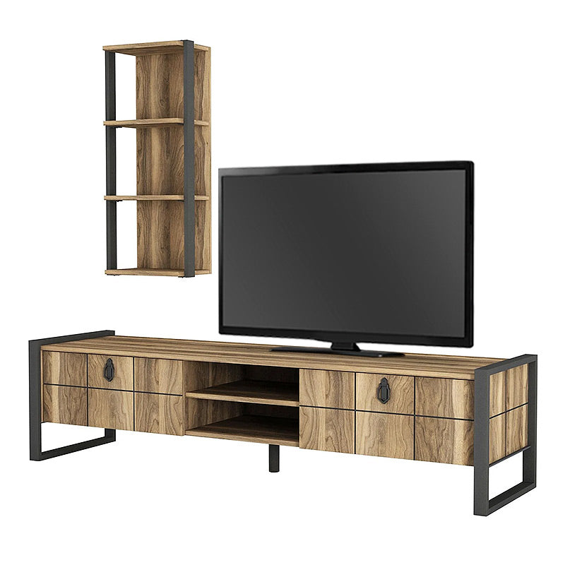 TV Stand BONO in walnut-black finish with two cabinets and shelves, showcasing modern design and quality materials.