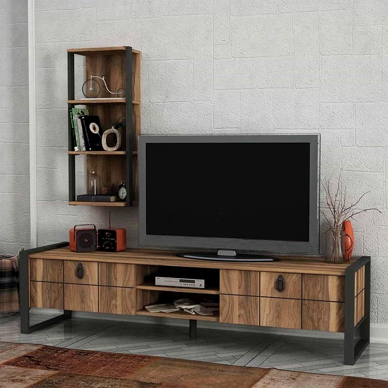 TV Stand BONO in walnut-black finish with two cabinets and shelves, showcasing modern design and quality materials.