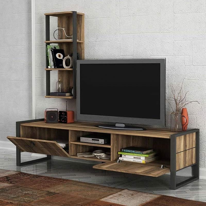 TV Stand BONO in walnut-black finish with two cabinets and shelves, showcasing modern design and quality materials.