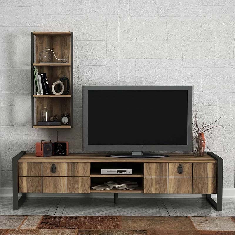 TV Stand BONO in walnut-black finish with two cabinets and shelves, showcasing modern design and quality materials.