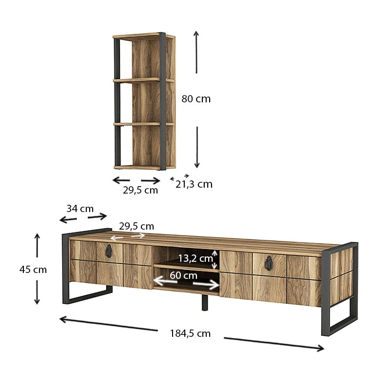 TV Stand BONO in walnut-black finish with two cabinets and shelves, showcasing modern design and quality materials.