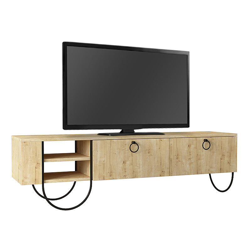 BREMEN Natural Beech TV Stand with black metal legs and oak finish, featuring two shelves and cabinets.