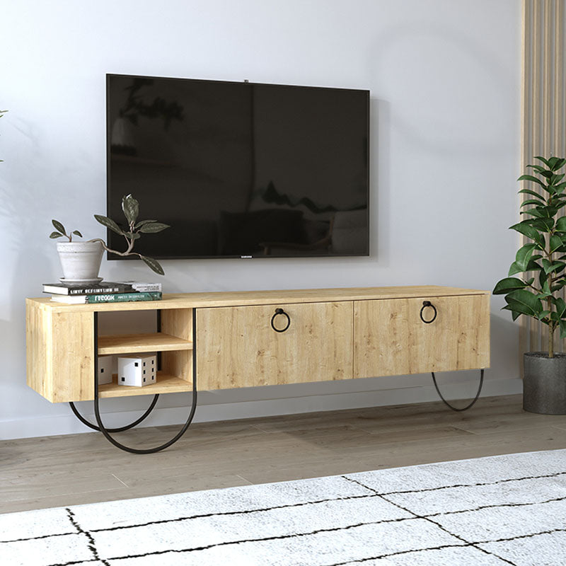 BREMEN Natural Beech TV Stand with black metal legs and oak finish, featuring two shelves and cabinets.