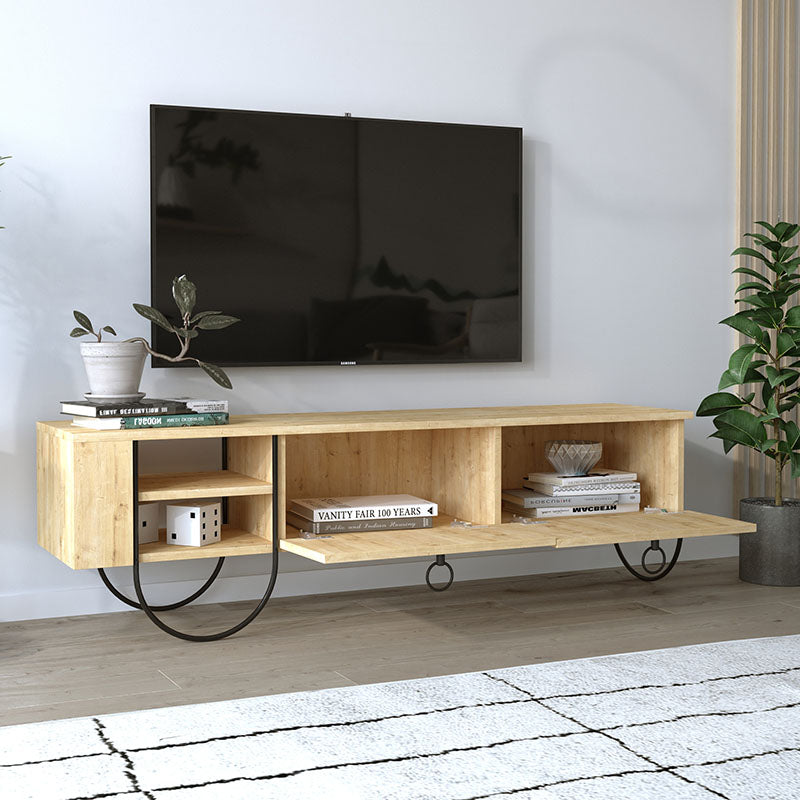 BREMEN Natural Beech TV Stand with black metal legs and oak finish, featuring two shelves and cabinets.