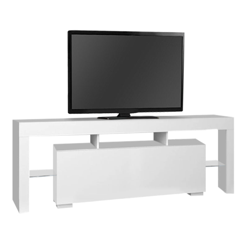 CAMARILLO White TV Stand featuring melamine finish, LED lighting, and glass shelves, ideal for modern living spaces.