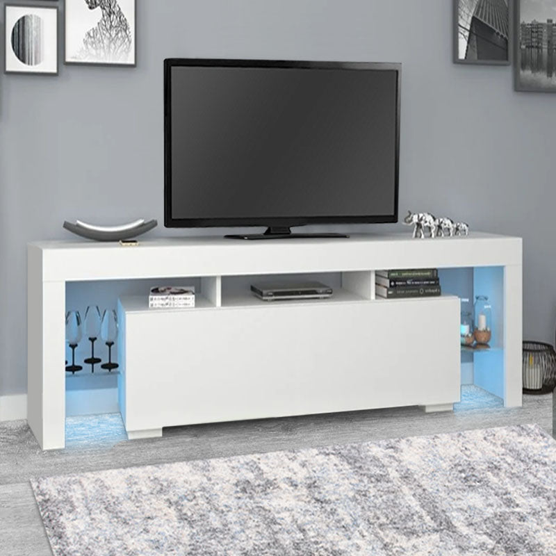 CAMARILLO White TV Stand featuring melamine finish, LED lighting, and glass shelves, ideal for modern living spaces.