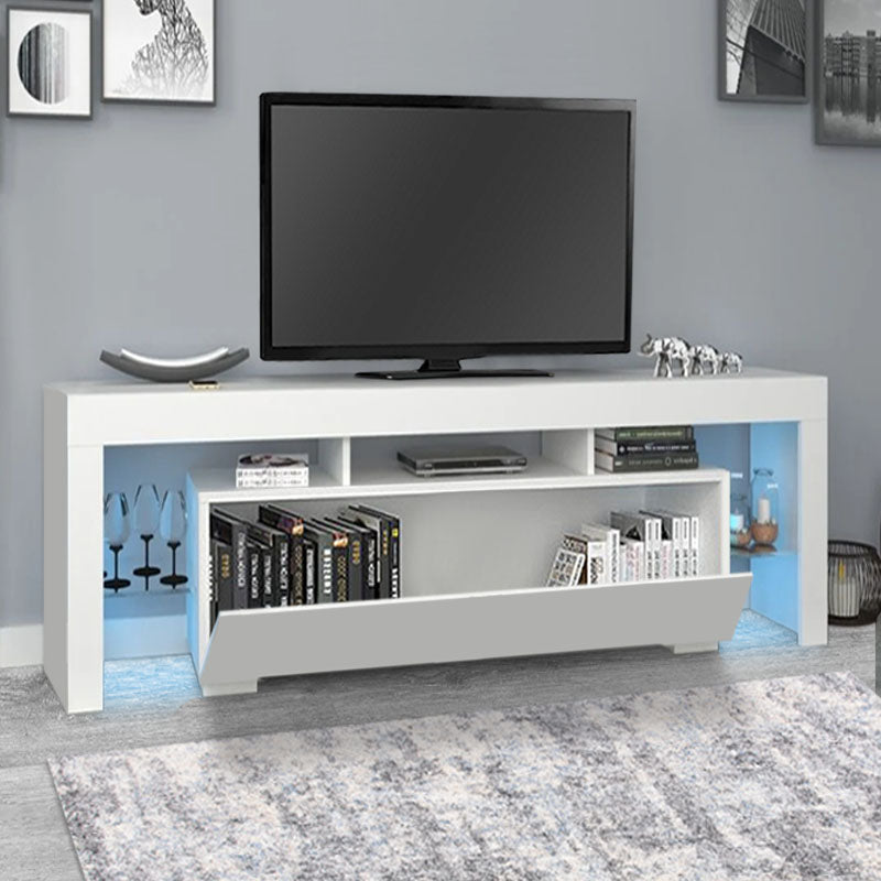 CAMARILLO White TV Stand featuring melamine finish, LED lighting, and glass shelves, ideal for modern living spaces.