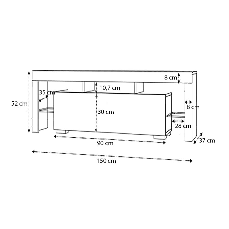 CAMARILLO White TV Stand featuring melamine finish, LED lighting, and glass shelves, ideal for modern living spaces.