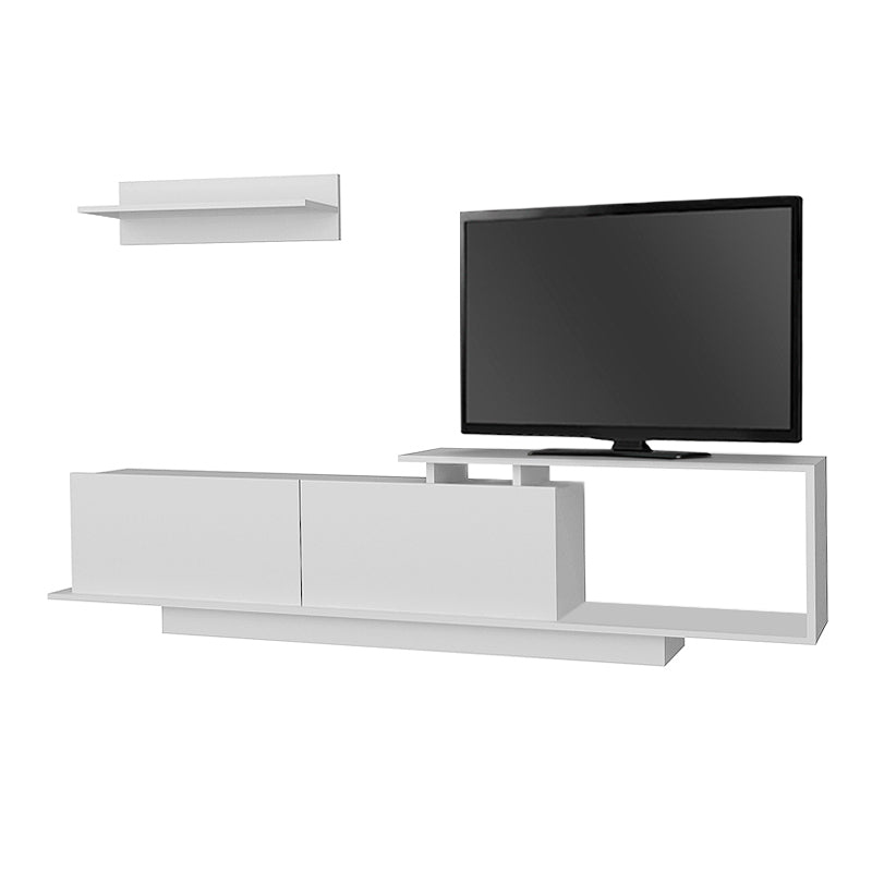 White TV Stand CAMBRIDGE made of melamine, featuring spacious shelves and a sleek design, ideal for modern living rooms.