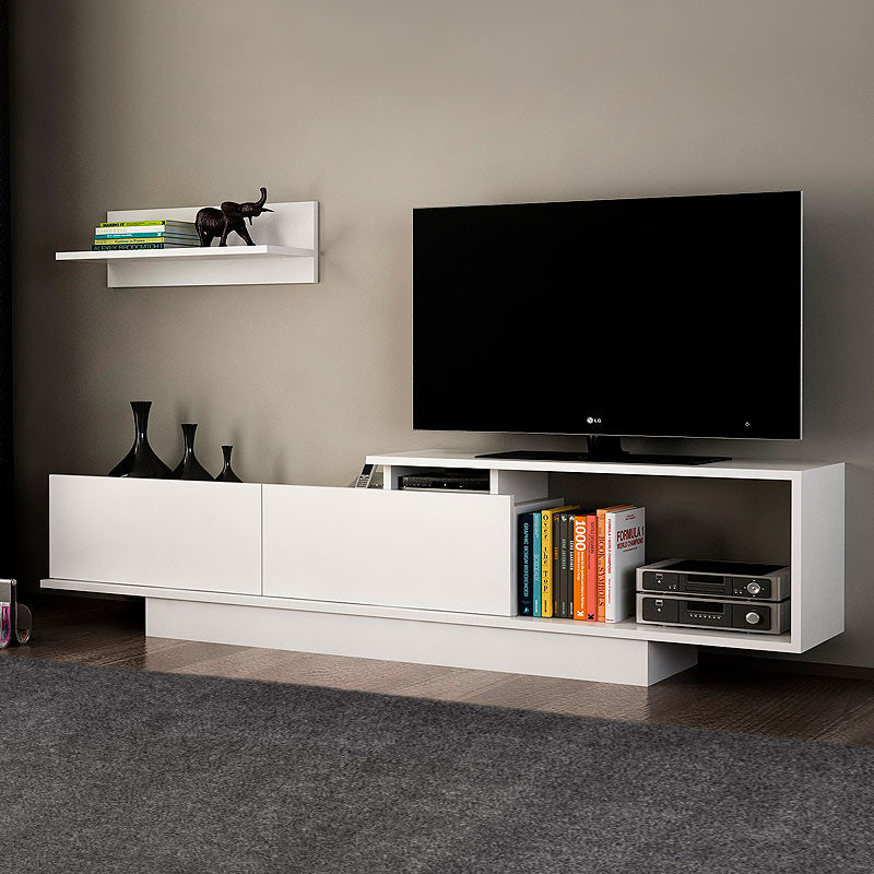 White TV Stand CAMBRIDGE made of melamine, featuring spacious shelves and a sleek design, ideal for modern living rooms.