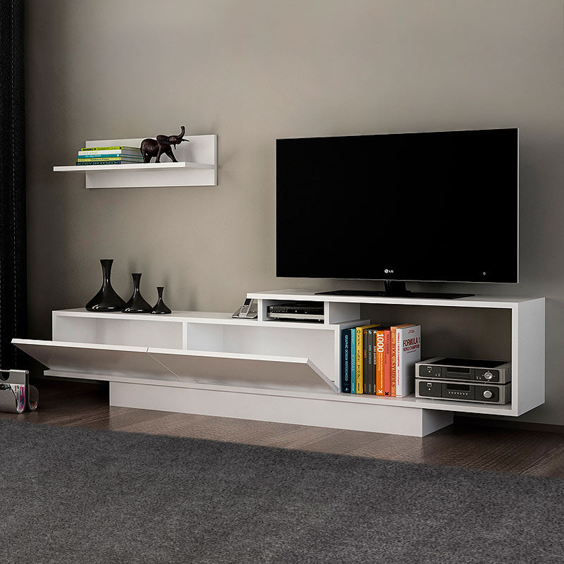 White TV Stand CAMBRIDGE made of melamine, featuring spacious shelves and a sleek design, ideal for modern living rooms.