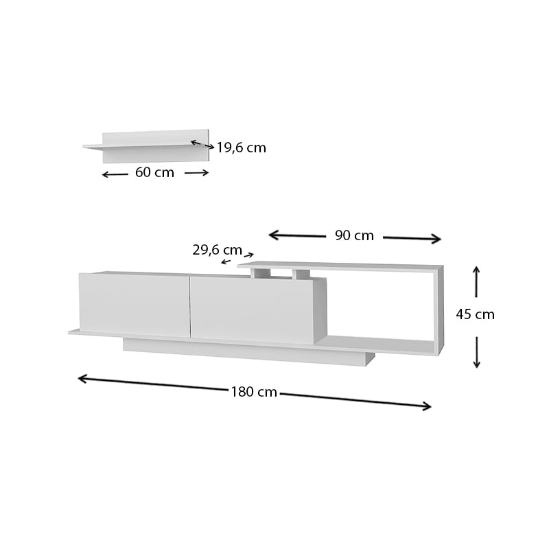 White TV Stand CAMBRIDGE made of melamine, featuring spacious shelves and a sleek design, ideal for modern living rooms.