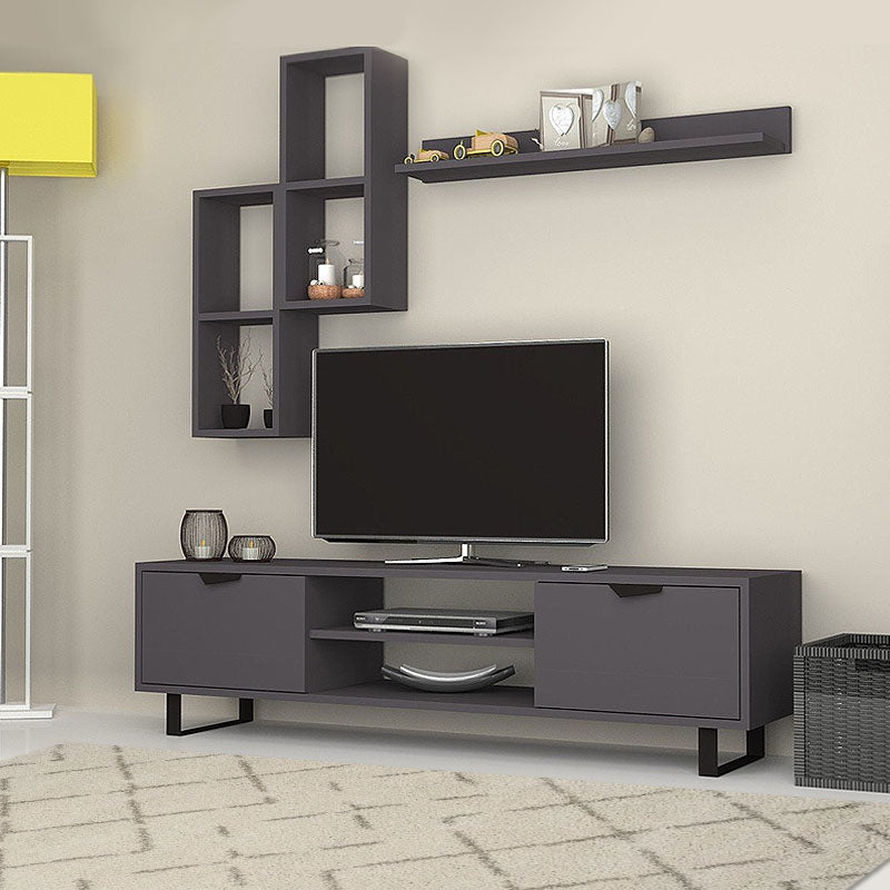 CARRIBIC Grey TV Stand with two wall shelves, showcasing a modern design and ample storage space.