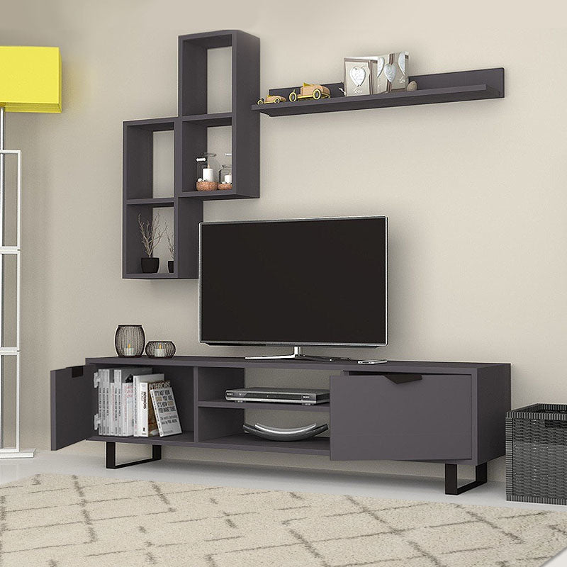 CARRIBIC Grey TV Stand with two wall shelves, showcasing a modern design and ample storage space.