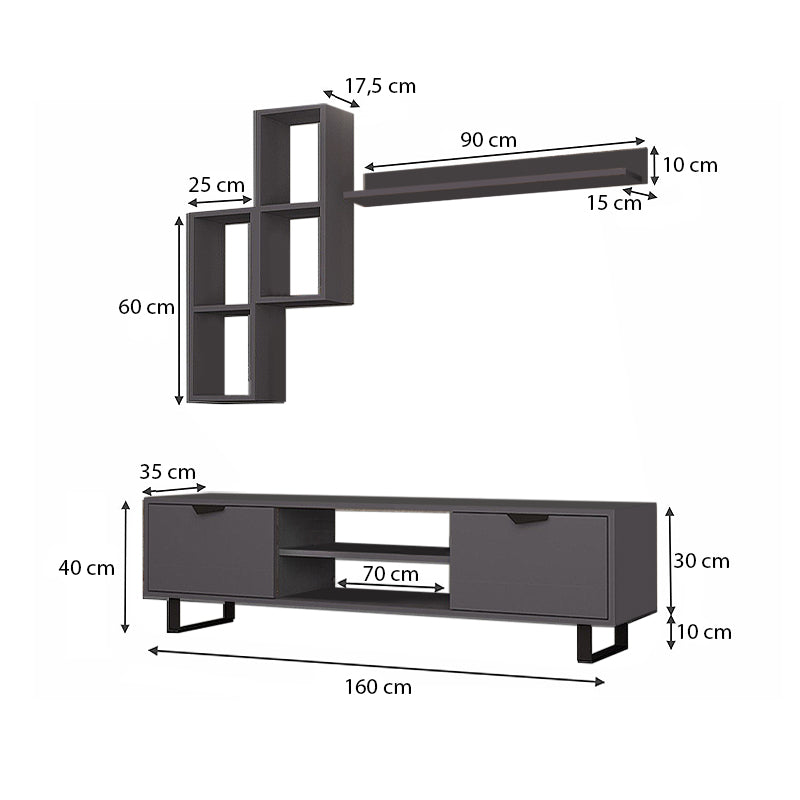 CARRIBIC Grey TV Stand with two wall shelves, showcasing a modern design and ample storage space.