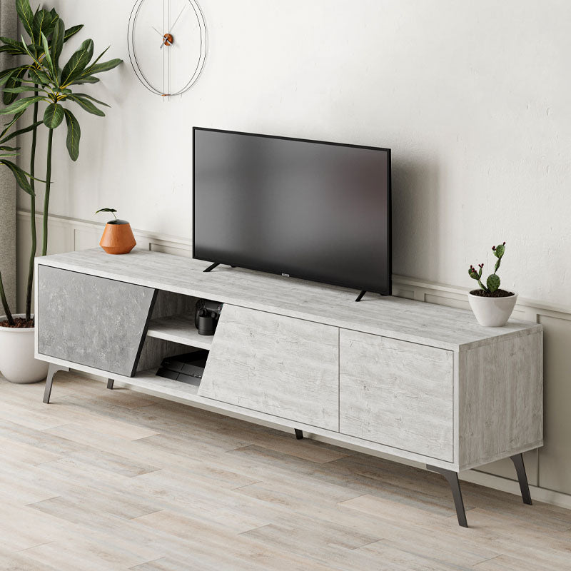 CARLITO TV Stand in Ancient White and Retro Grey, showcasing its elegant design and spacious surface.